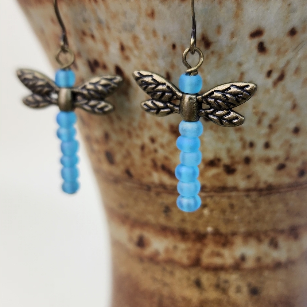 Light Blue Turquoise Dragonfly Earrings, Brass Wings, Handcrafted Dangle Earring